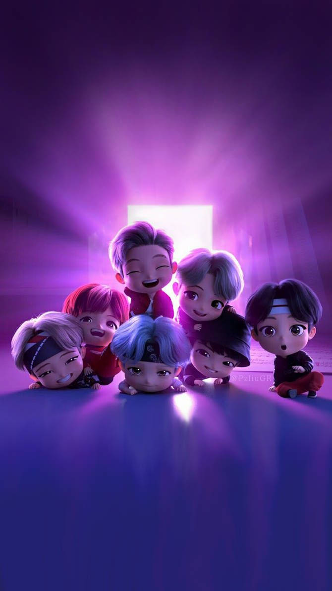 Bts Purple Aesthetic 桌布 壁紙 — 七個可愛風格的男孩，頭髮色彩繽紛，從發光的紫色門口在耀眼的光芒中探出頭來。