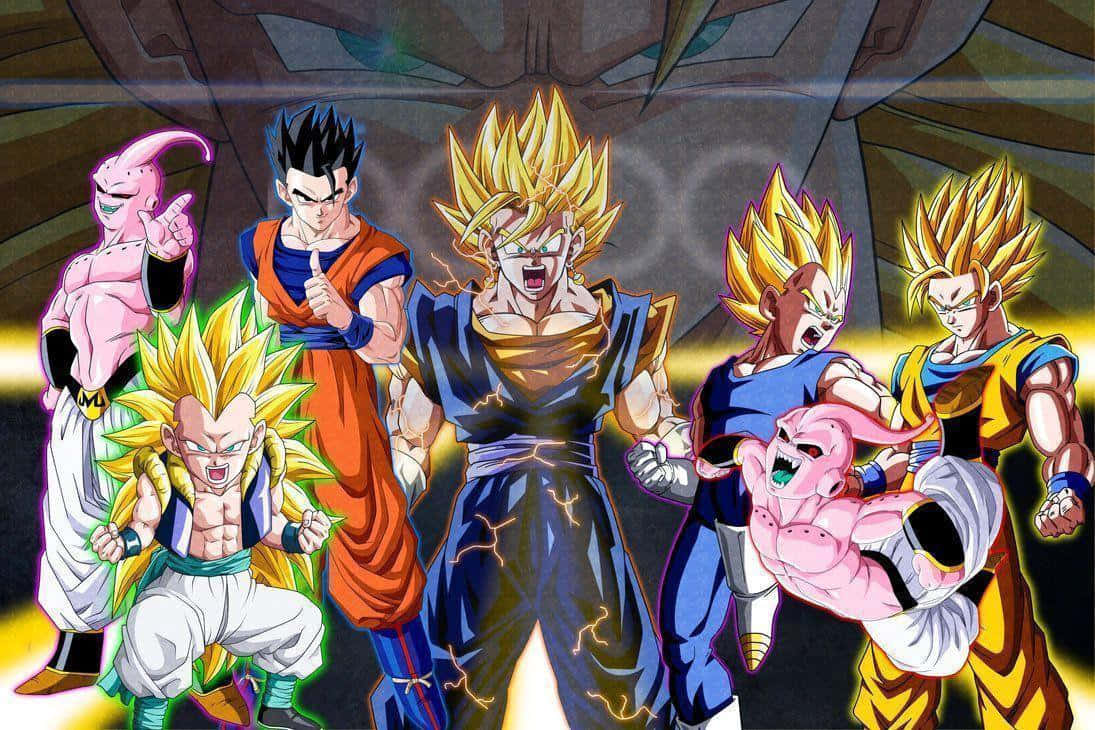 Dragon Ball Z Kai 桌布 壁紙 — 七個強大的動漫戰士，有著尖刺頭髮和發光的光環，以動態的戰鬥姿勢站在黑暗的科幻背景前。