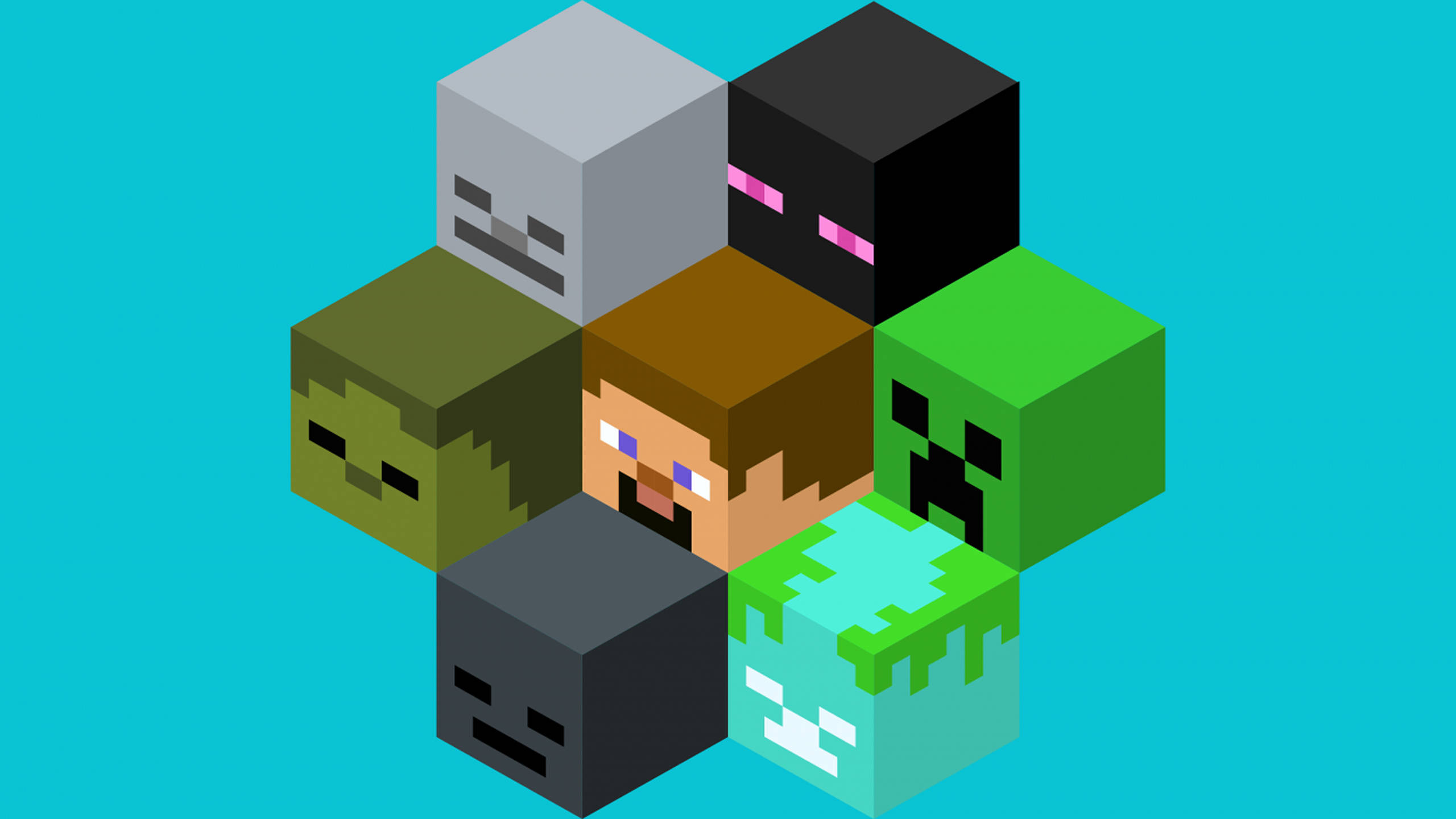 Minecraft Steve 桌布 壁紙 — 七個方塊狀的Minecraft角色以像素藝術風格排列成圓形，背景為明亮的青色。