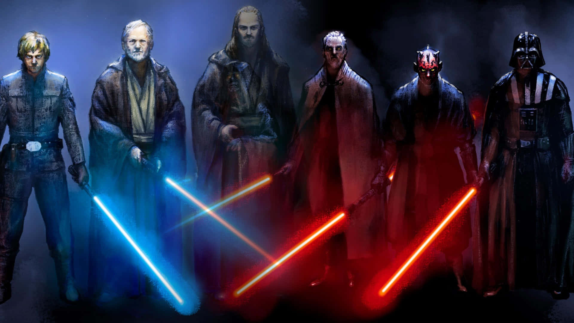 Jedi Knight 桌布 壁紙 — 七個星際大戰角色站在一個黑暗煙霧瀰漫的房間裡，手持藍色和紅色的光劍，進行一場戲劇性的對峙。