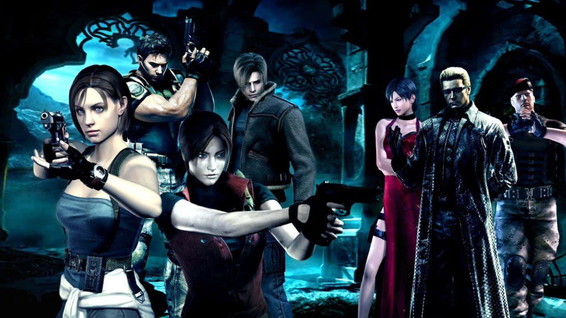 Resident Evil Characters 桌布 壁紙 — 七個武裝角色在黑暗詭異的廢墟中，有發光的藍色水和古老的石拱門。