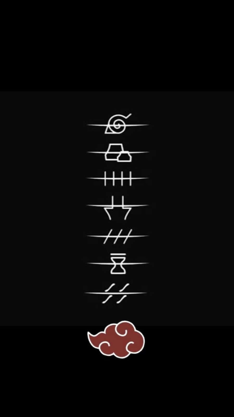 Akatsuki Symbol 桌布 壁紙 — 七個白色風格化符號垂直漂浮在黑色背景上，底部有一個紅色雲朵標誌。