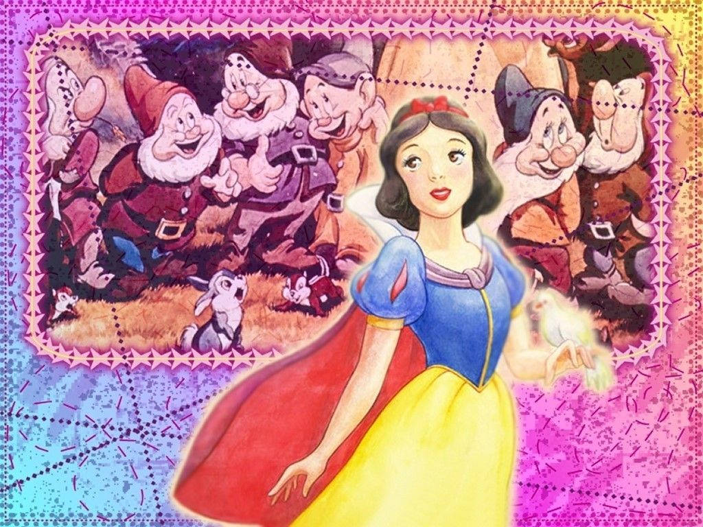 白雪公主與七個小矮人在色彩繽紛的插圖場景中。