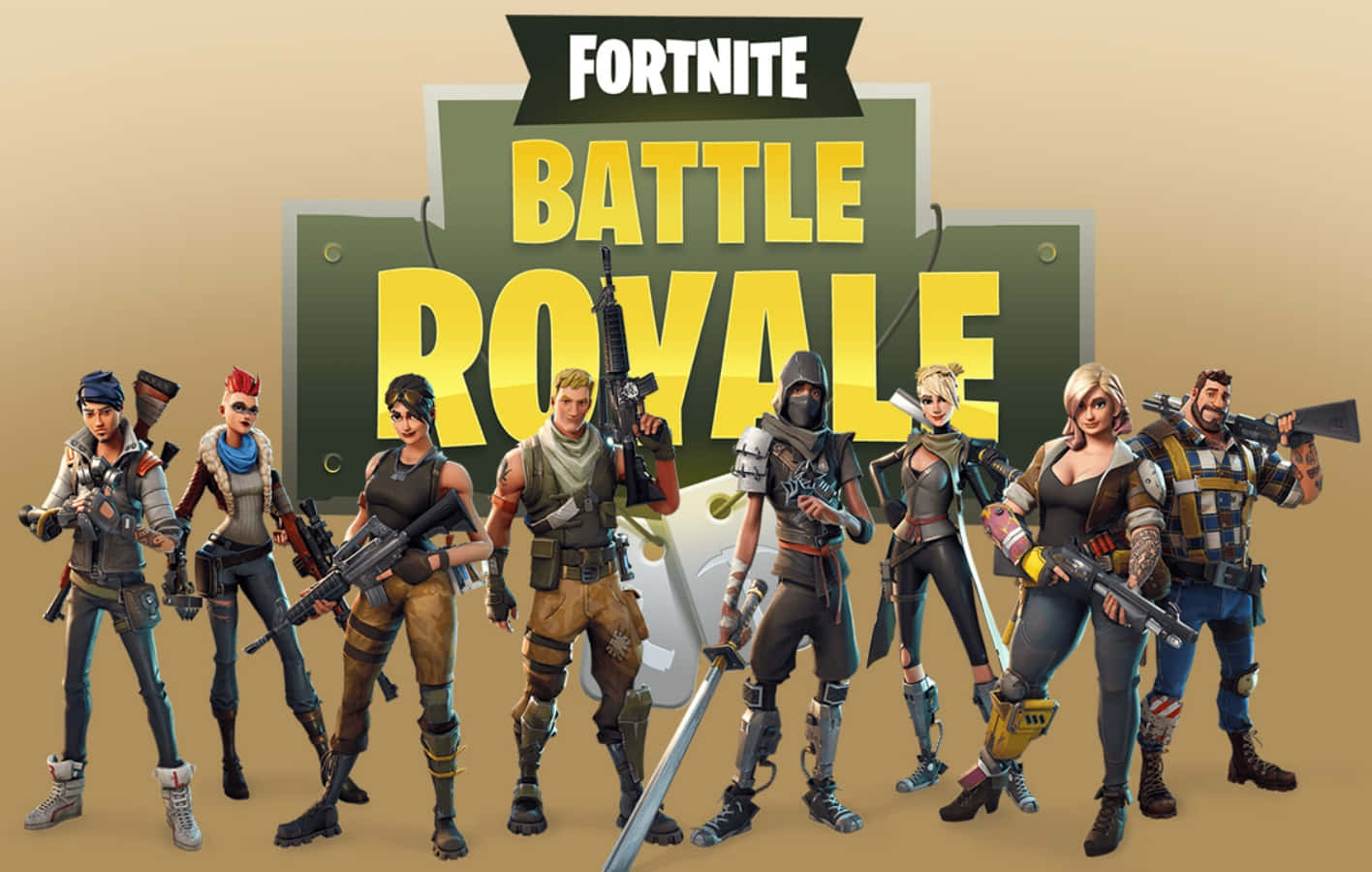 Fortnite Skins Battle Royale 桌布 壁紙 — 七個穿著戰鬥裝備的《Fortnite》大逃殺角色自信地站在遊戲標誌前。