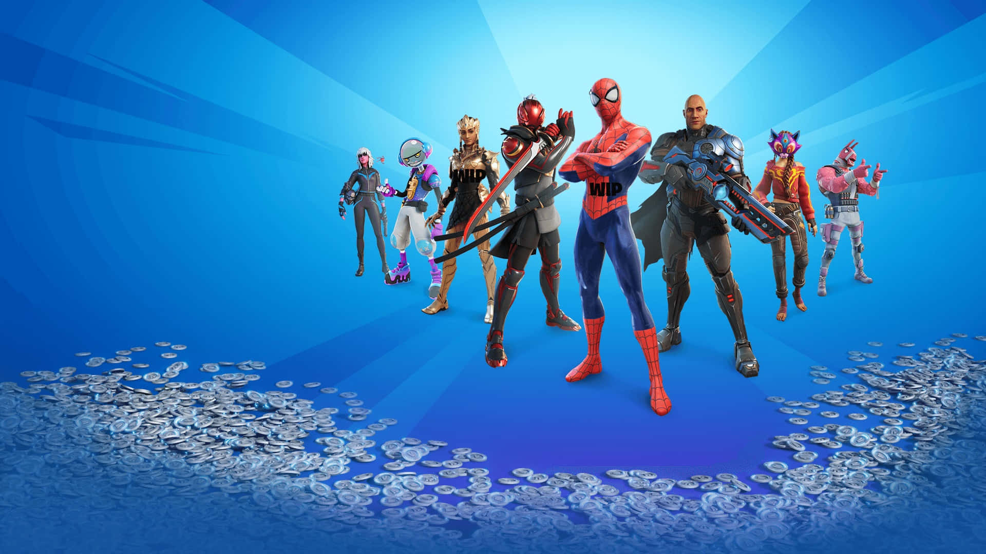 Fortnite Chapter 3 桌布 壁紙 — 七個穿著色彩繽紛服裝的Fortnite角色自信地站在散落著硬幣的藍色漸變地板上。