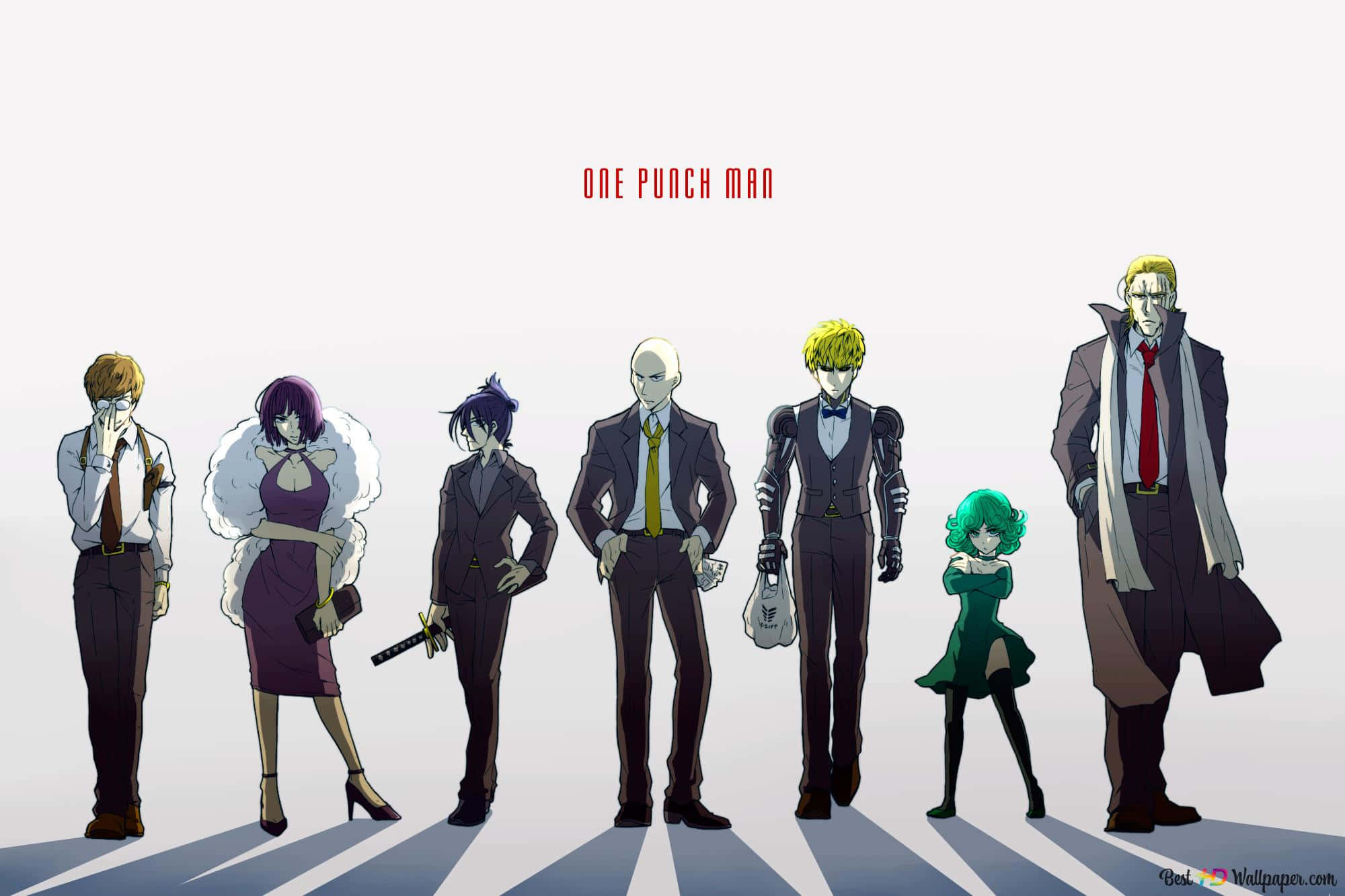 One Punch Man King 桌布 壁紙 — 七個穿著西裝的動漫角色自信地站在純色背景前，腳下有鮮明的陰影。