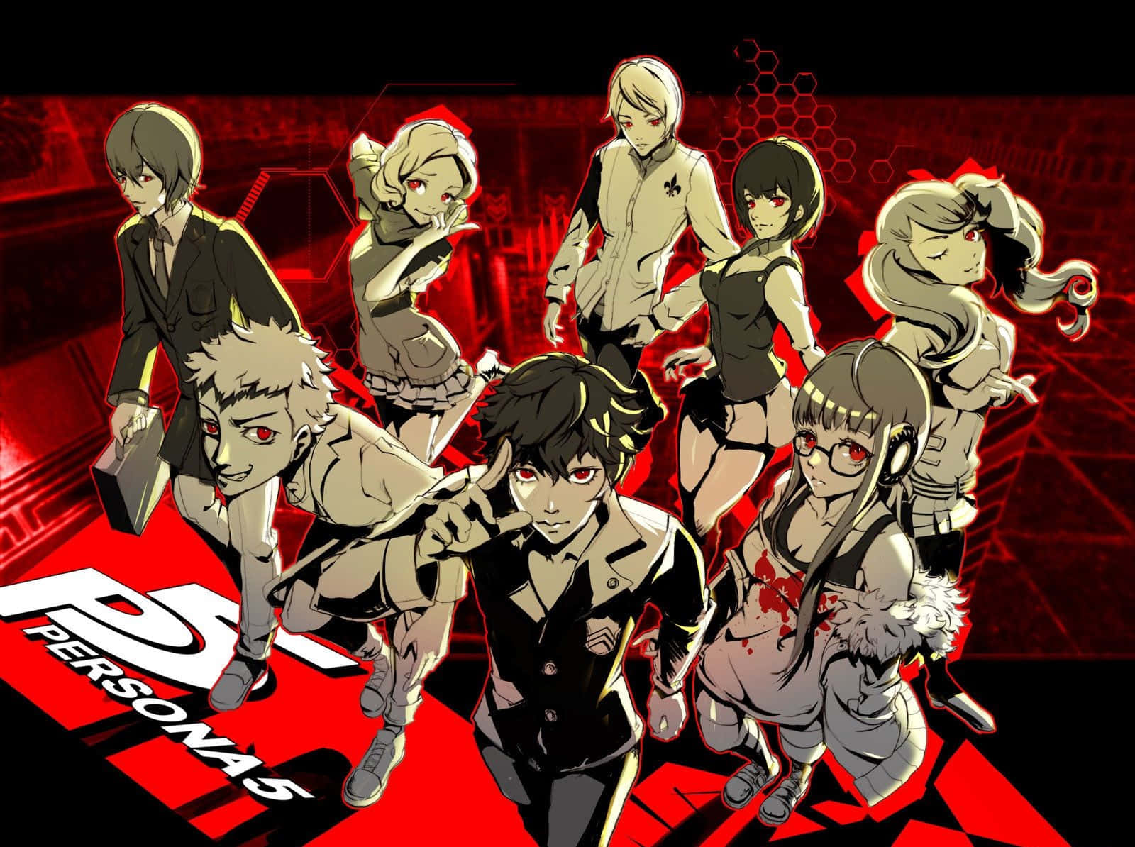 persona 桌布 壁紙 — 七個紅眼、身穿深色服裝的動漫角色在發光的紅色六邊形背景上動感擺姿勢，帶有「PERSONA5」標誌。