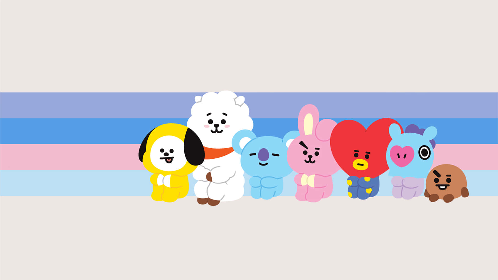 BT21 桌布 壁紙 — 七個色彩繽紛的BT21卡通人物在粉彩色橫條紋背景前站成一排。