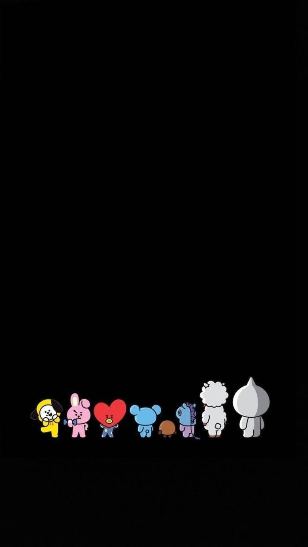 Cartoon 桌布 壁紙 — 七個色彩繽紛的BT21卡通人物排成一排，背景為純黑色。