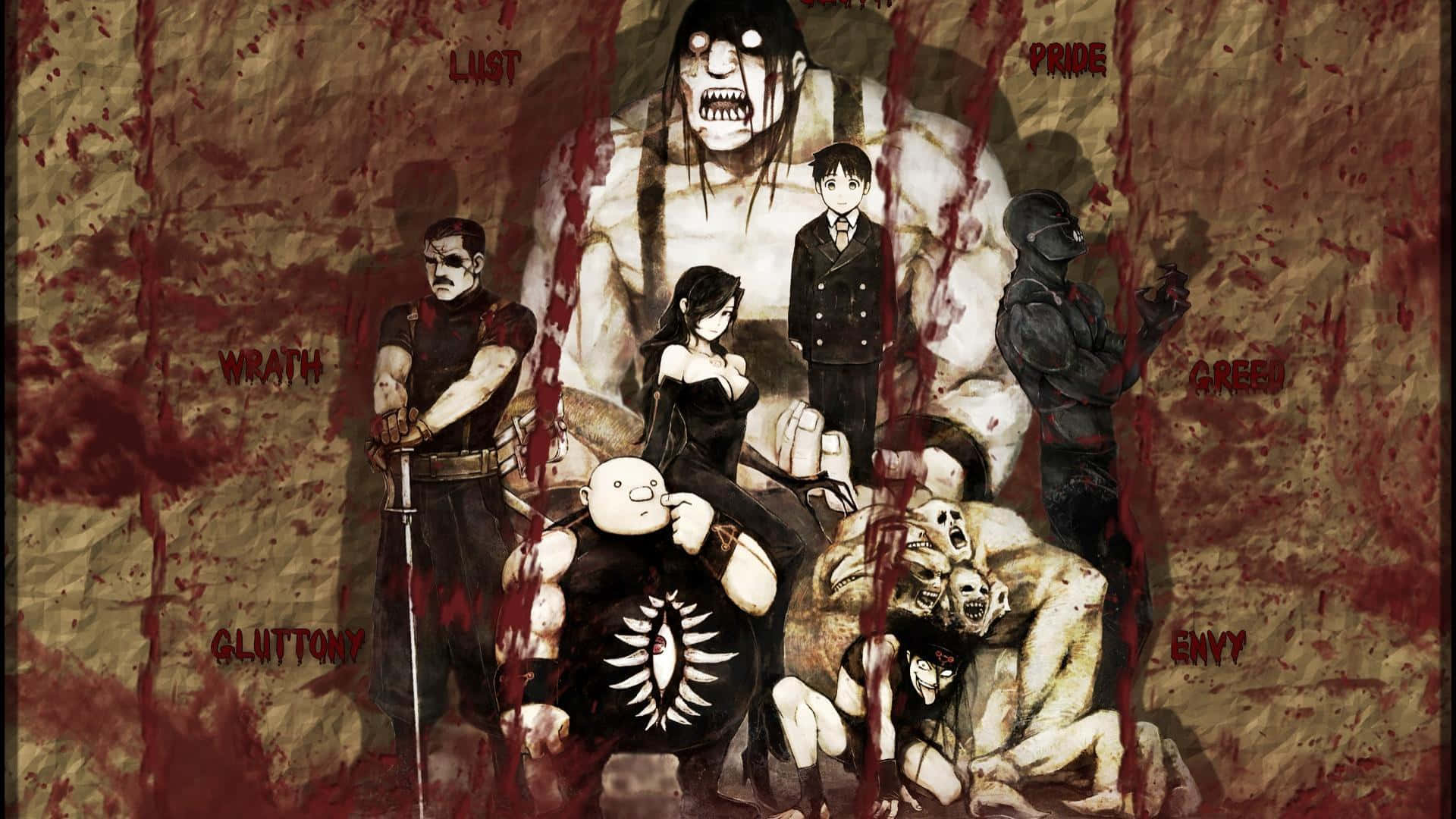 Fullmetal Alchemist Lust 桌布 壁紙 — 七個被標記為憤怒、色慾、傲慢、貪婪、嫉妒、暴食和懶惰的罪人，站在一個怪物般的人物面前，背景是濺滿鮮血的牆壁。