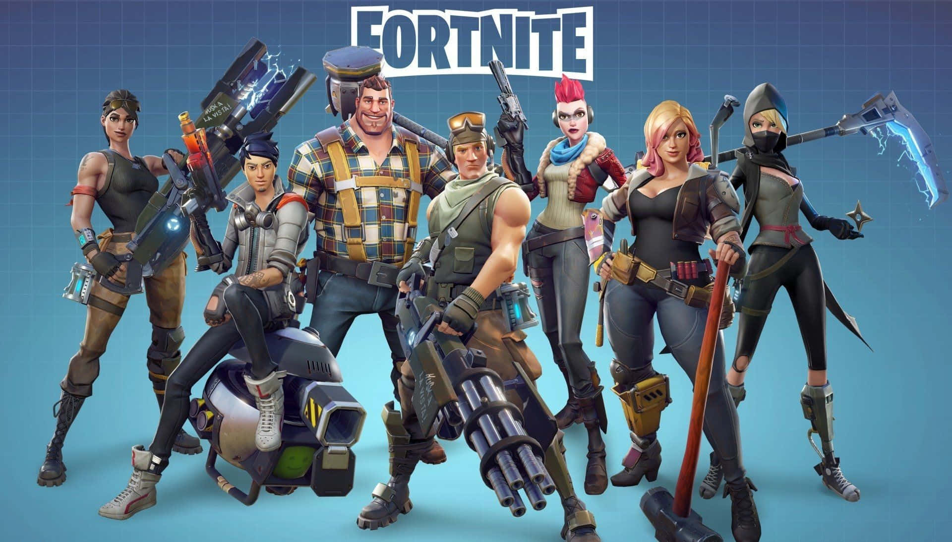 Fye No Skin Fortnite 桌布 壁紙 — 七個身穿戰鬥裝備的Fortnite角色在藍色網格背景前手持武器擺姿勢。