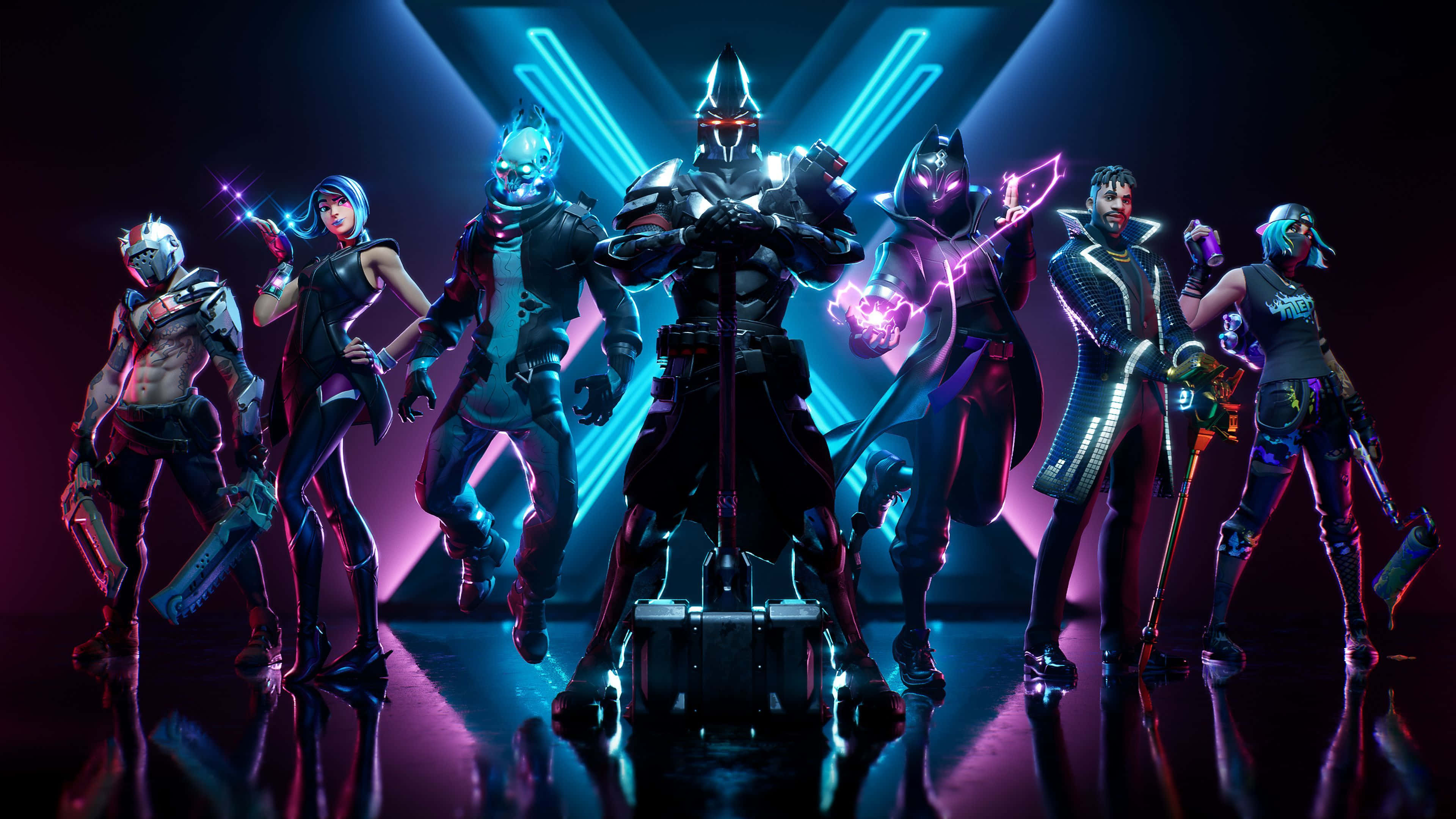 Fortnite - Xbox One / PC / PS4 壁紙 — 七個風格化的 Fortnite 角色在黑暗的未來舞台上，在發光的霓虹燈下動態擺姿勢。