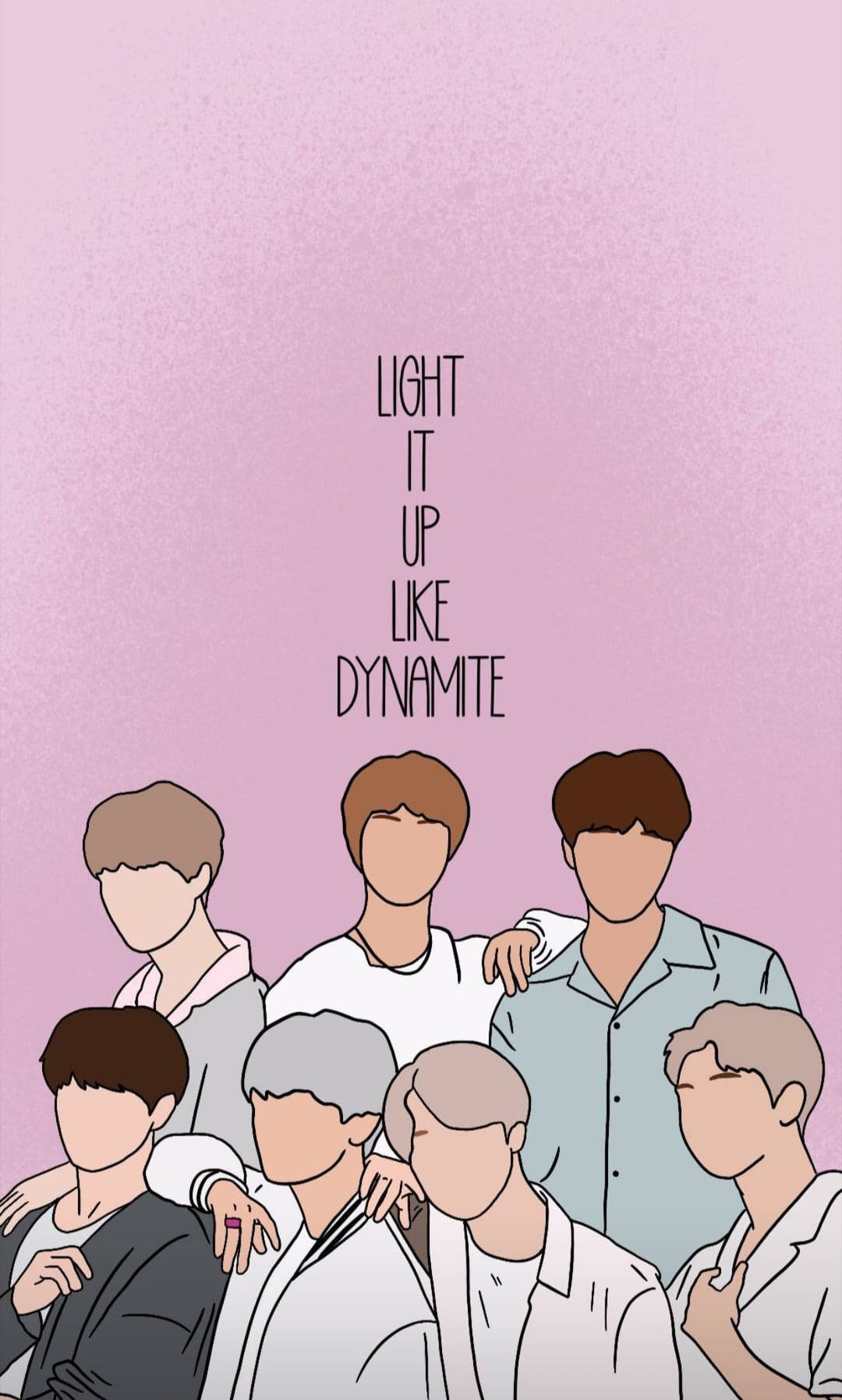 bts lockscreen 桌布 壁紙 — 七個風格化的人物，臉部空白，緊密地站在一起，背景是柔和的粉紅色紋理背景，文字「LIGHT IT UP LIKE DYNAMITE」垂直居中。