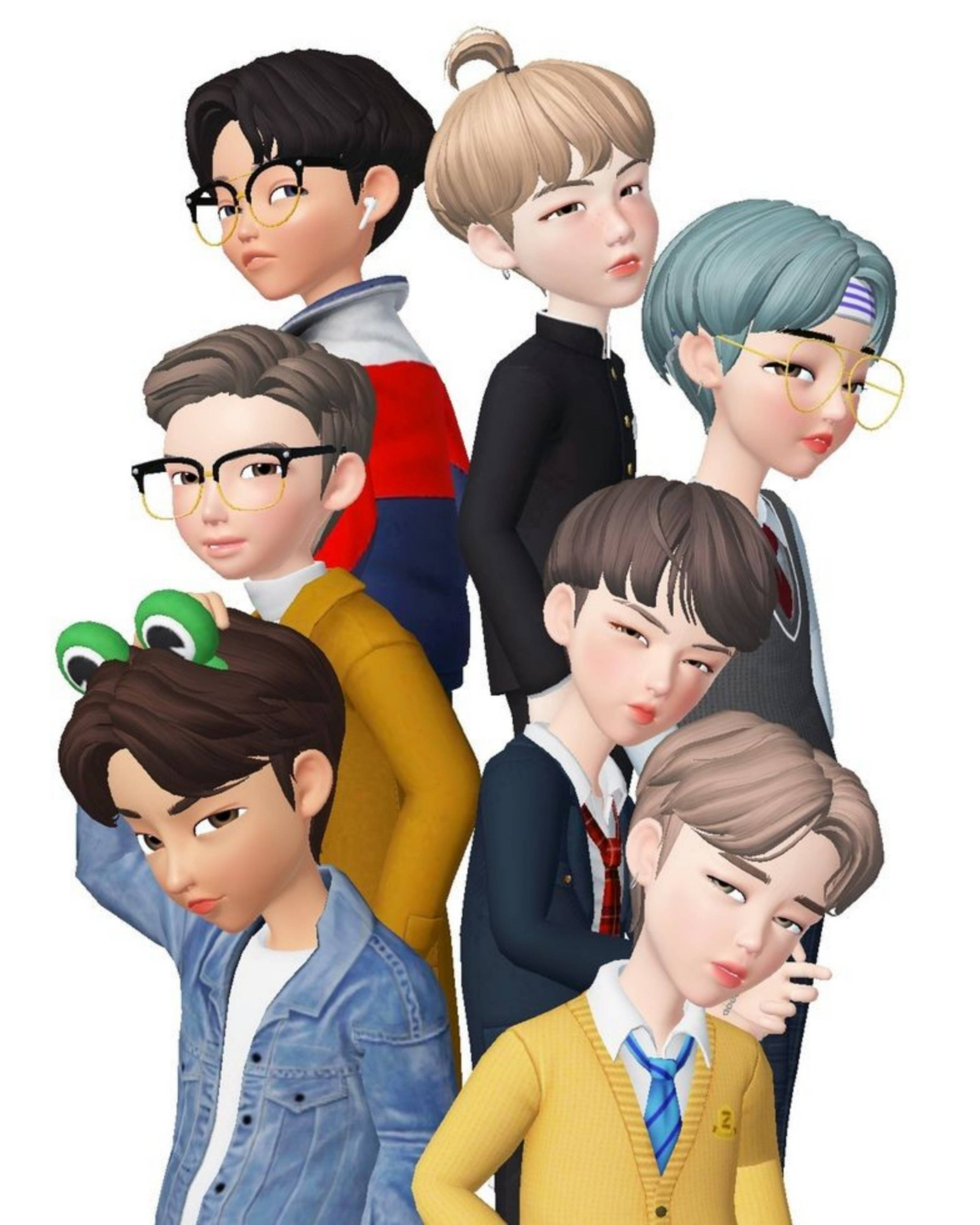 Bts Cartoon 桌布 壁紙 — 七個風格化的動畫男孩，擁有不同的髮色和服裝，在純白色背景前擺姿勢。