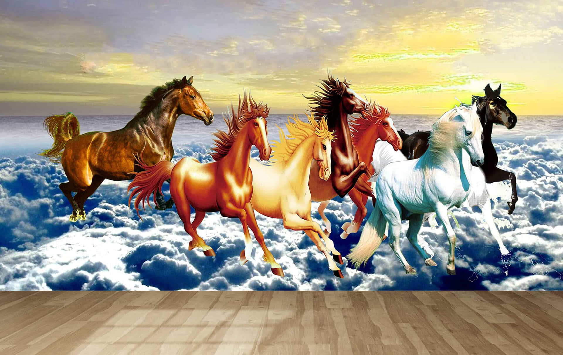 七匹馬在日落時穿過雲層奔跑。