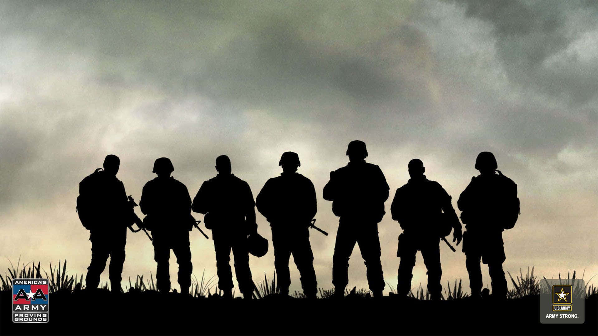 Army 桌布 壁紙 — 七名士兵的剪影在黃昏時分排列成一排，映襯著戲劇性的多雲天空。