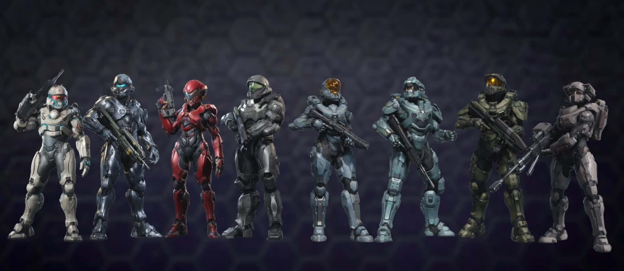 Halo Spartans 桌布 壁紙 — 七名身穿未來戰鬥裝備的裝甲士兵在深色六邊形背景前列隊站立。