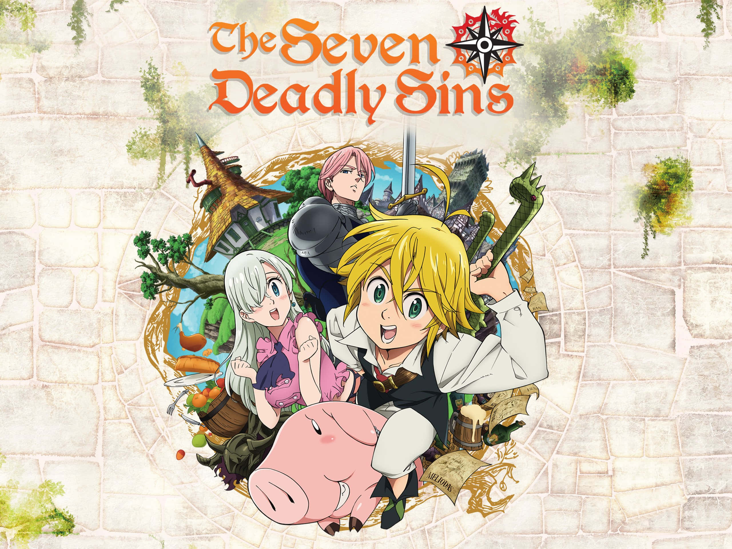 The Seven Deadly Sins 桌布 壁紙 — 《七大罪》的動畫角色帶著粉紅豬和奇幻元素衝破石拱門。
