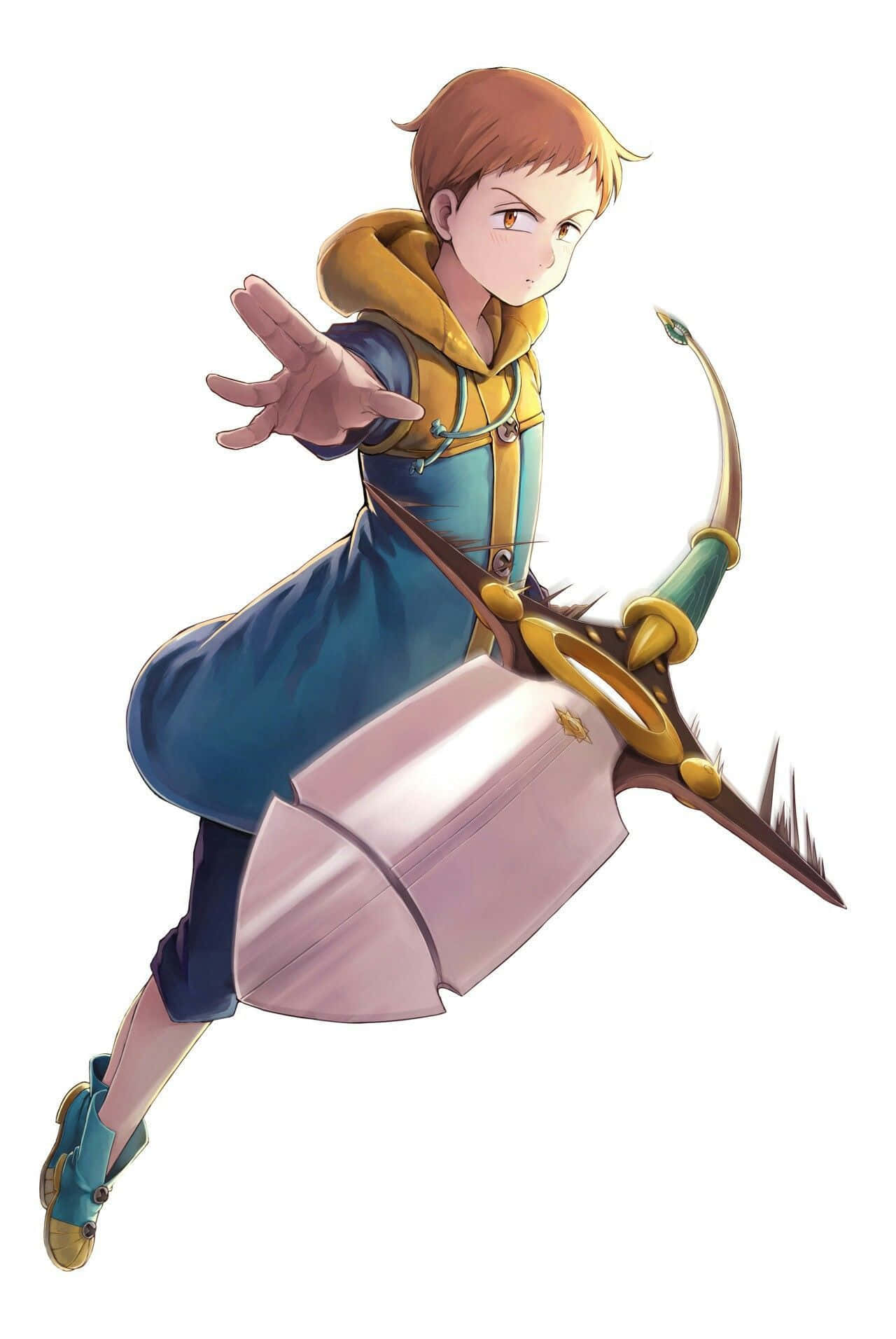《七宗罪》中的哈雷奎因——熊的懶惰之罪，戰鬥瞬間 壁紙 — 一位身穿藍色和金色服裝的年輕動漫弓箭手，拉弓持盾向前躍進。