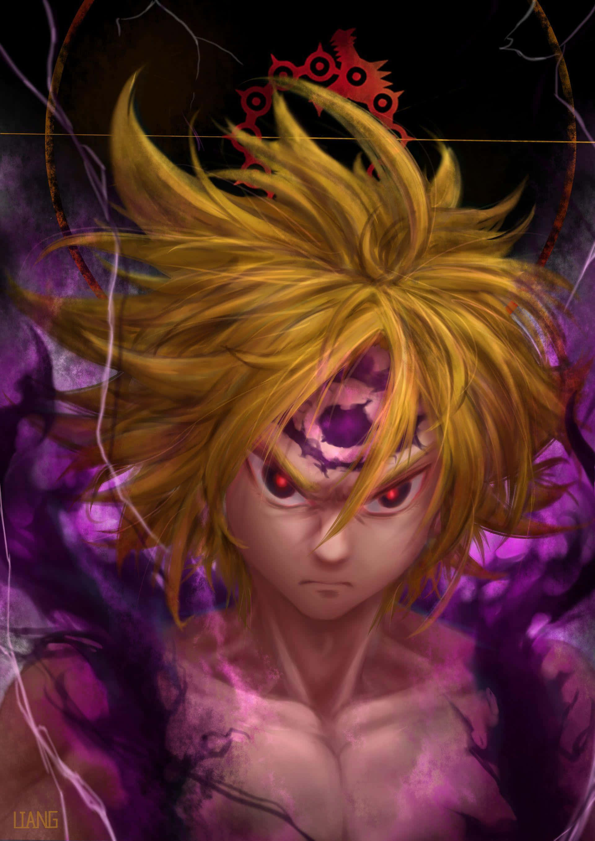 《七宗罪》中的梅利歐達斯，怒之罪人 壁紙 — 一個兇猛的動漫戰士，擁有尖刺的金色頭髮和發光的紅色眼睛，被紫色能量和黑暗閃電包圍。