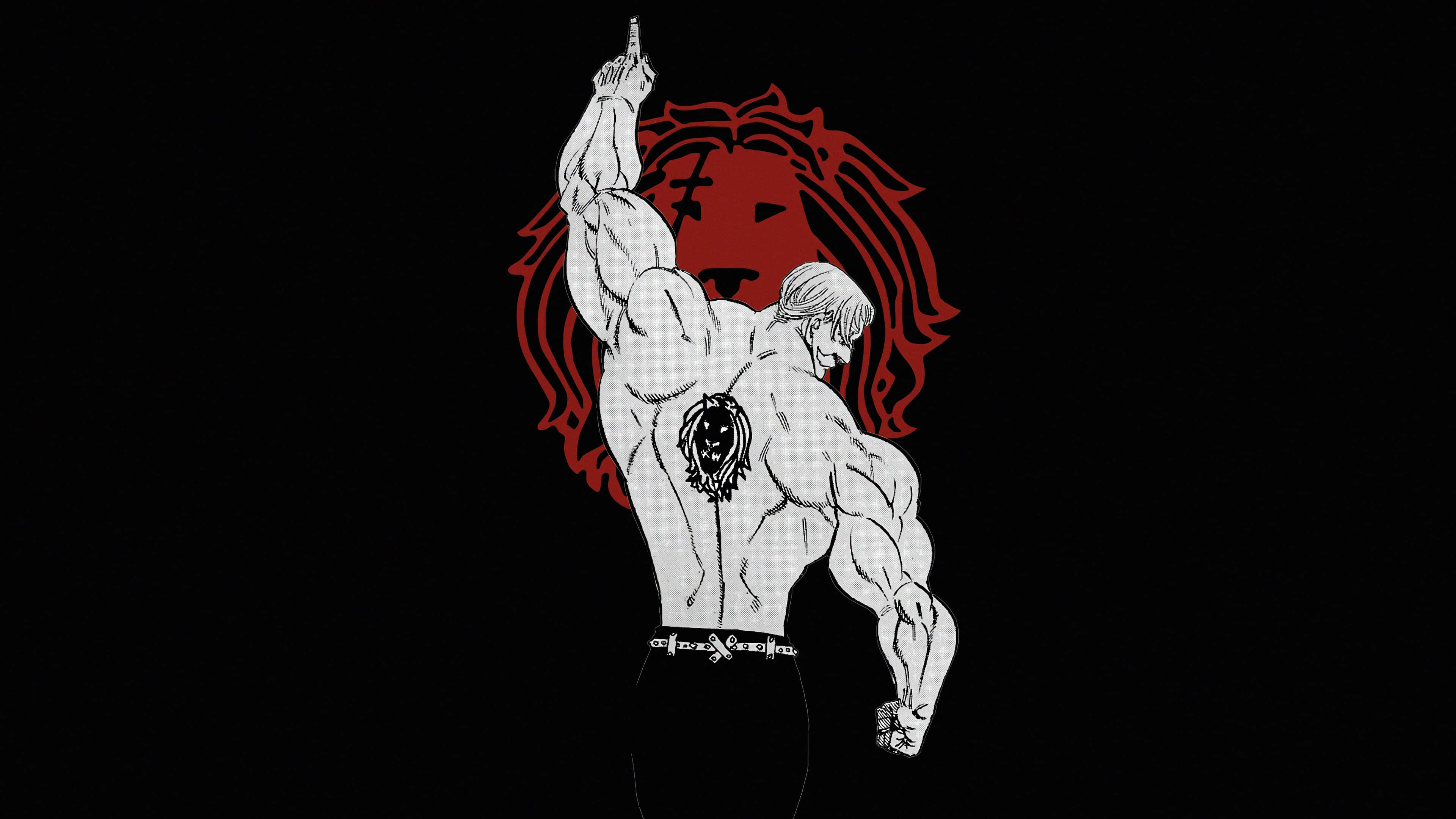 《七宗罪》中的艾斯卡諾 壁紙 — 一個肌肉發達的動漫男子，身上有獅子紋身，在黑色背景上舉槍對著一個紅色獅子頭。