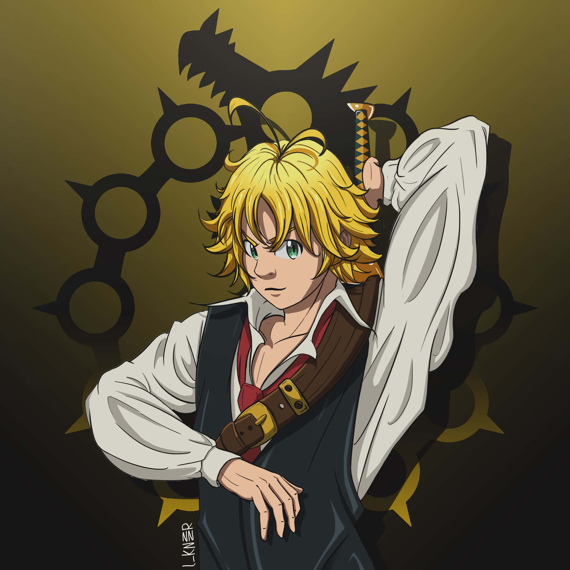 七宗罪之龍罪——梅利奧達斯，惡魔王子 壁紙 — 一個堅定的動漫男孩，金色頭髮和綠色眼睛，在黑暗金色背景上握著劍在背後，背景有龍的剪影。
