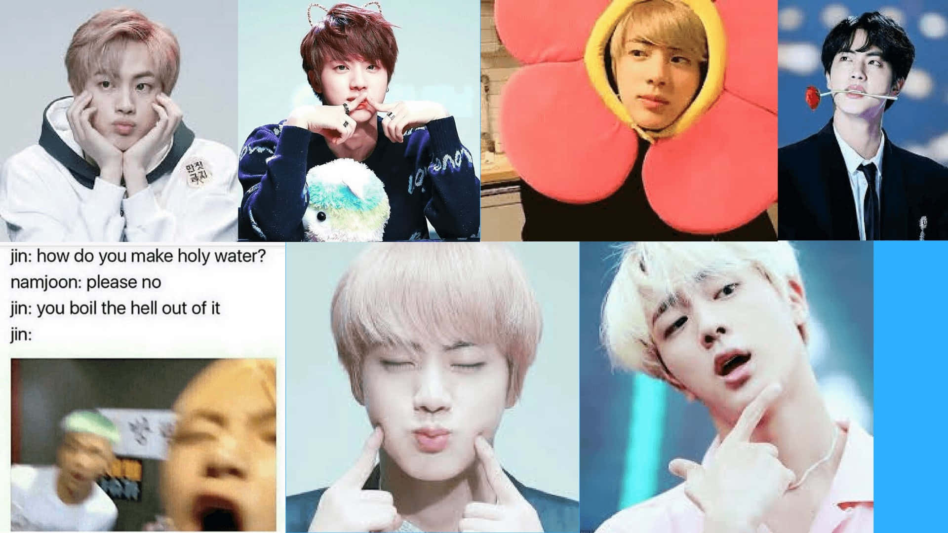 Bts Meme 桌布 壁紙 — 七張照片的拼貼，展示年輕男性以各種姿勢和服裝擺出俏皮或幽默的表情。