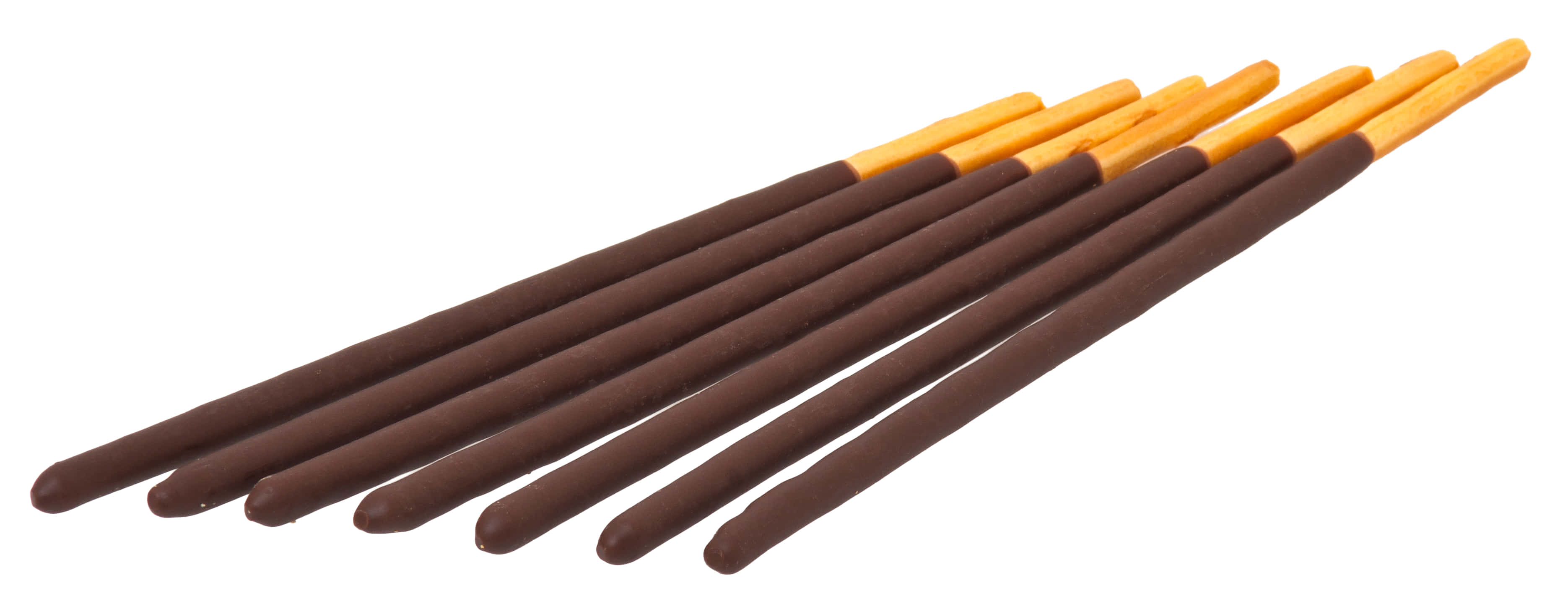 stick 桌布 壁紙 — 七根沾有朱古力、頂端金色的椒鹽卷餅棒，以對角線排列在潔淨的白色背景上。