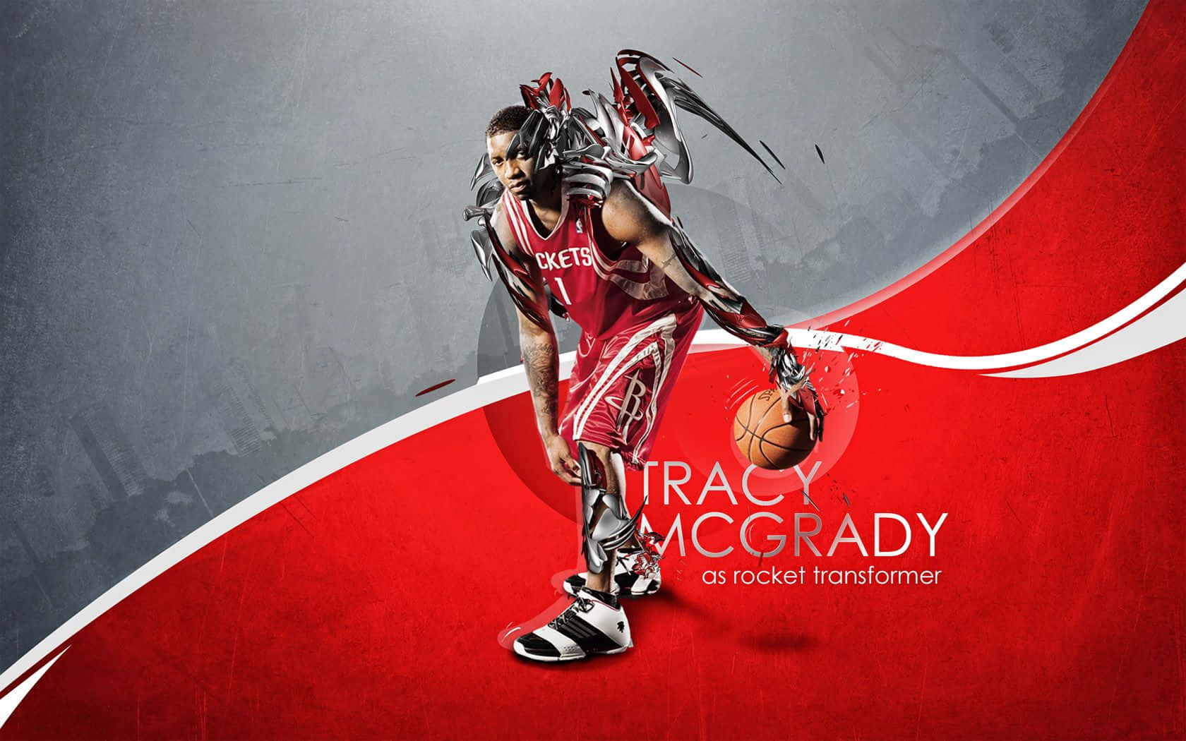 Tracy McGrady 身穿火箭隊球衣，帶有金屬翅膀，在紅色背景上運球。