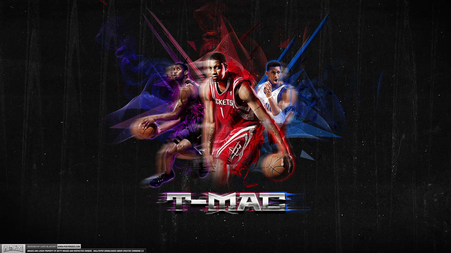 Tracy McGrady 身穿紅色球衣，在數位運動藝術作品中帶有發光能量效果。