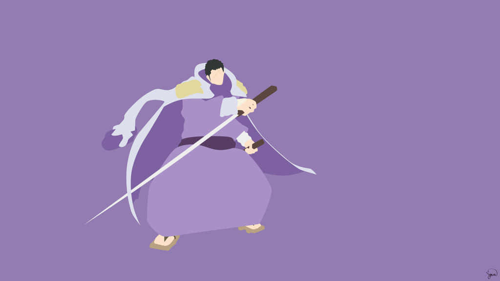 身穿紫色斗篷的動漫戰士以動態姿勢持劍。