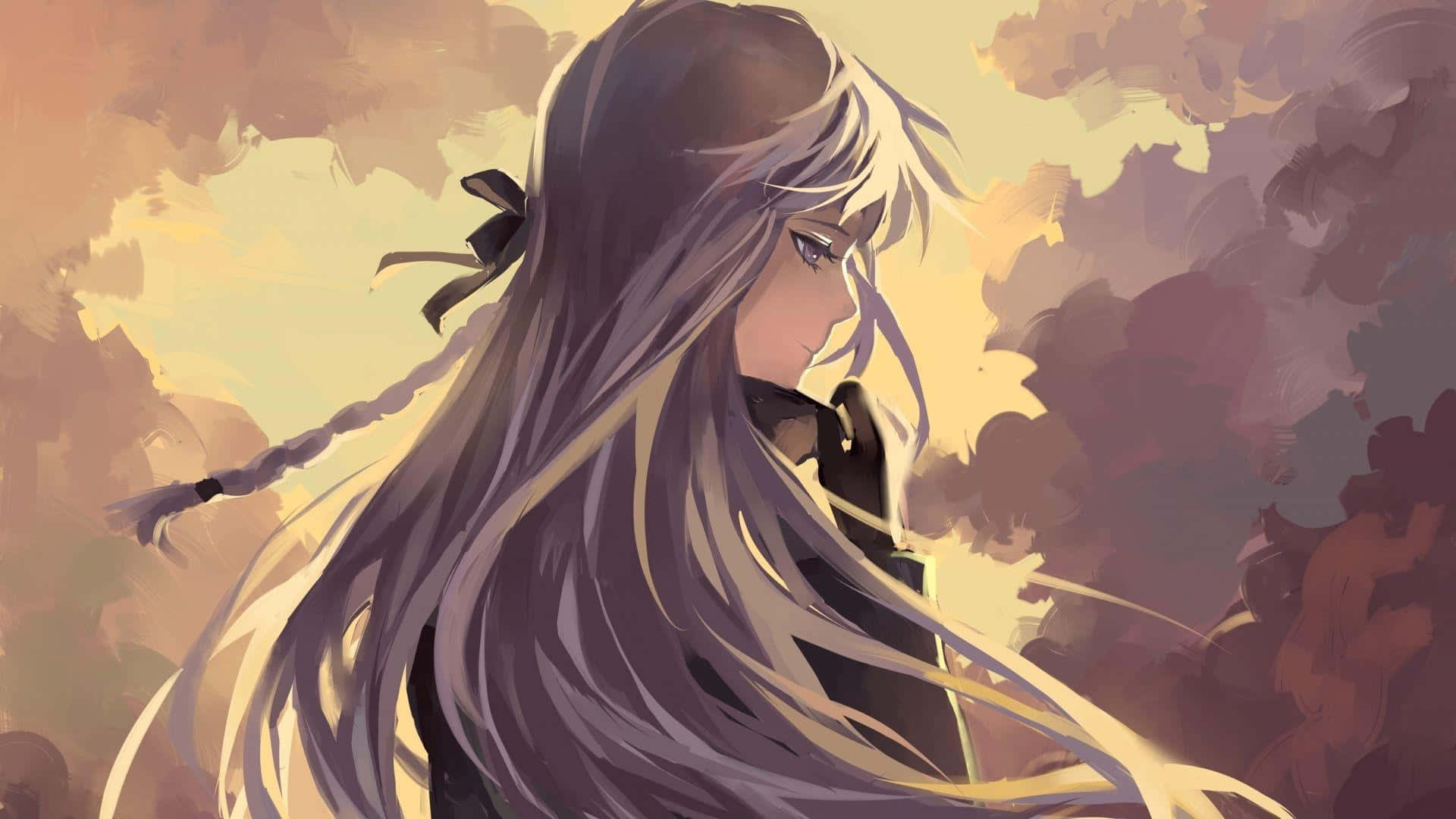 七海千秋戲劇性 Danganronpa 壁紙 — 一個長著銀色長髮和黑色蝴蝶結的憂鬱動漫女孩，在溫暖色調的多雲天空下低頭凝視。