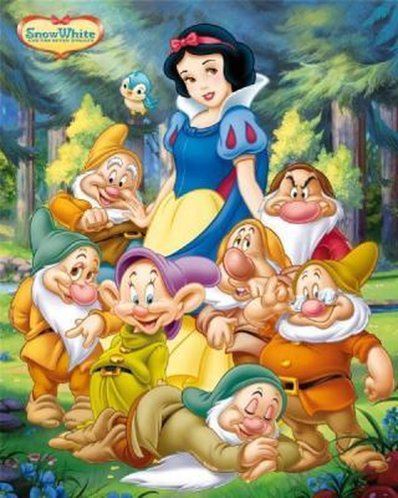 白雪公主和她的七個小矮人在森林環境中。