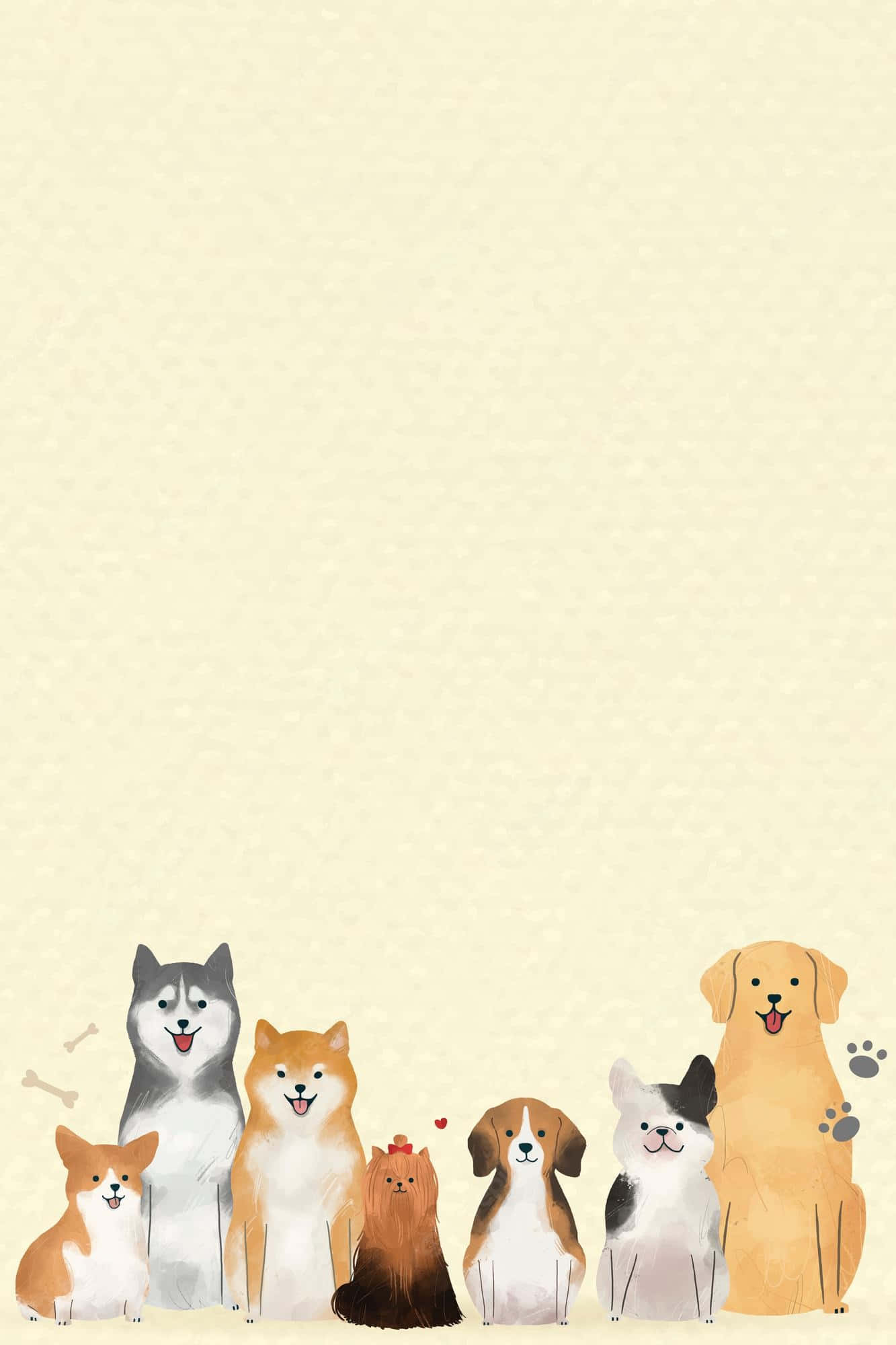 Dogs 桌布 壁紙 — 七隻不同品種的快樂卡通狗坐在柔軟的奶油色背景上，帶有微妙的爪印和骨頭裝飾。