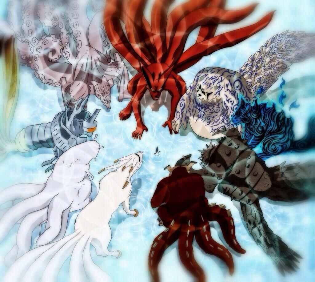 Tailed Beasts 桌布 壁紙 — 七隻尾獸包圍著一個中心人物，處於旋轉的藍色能量漩渦中。