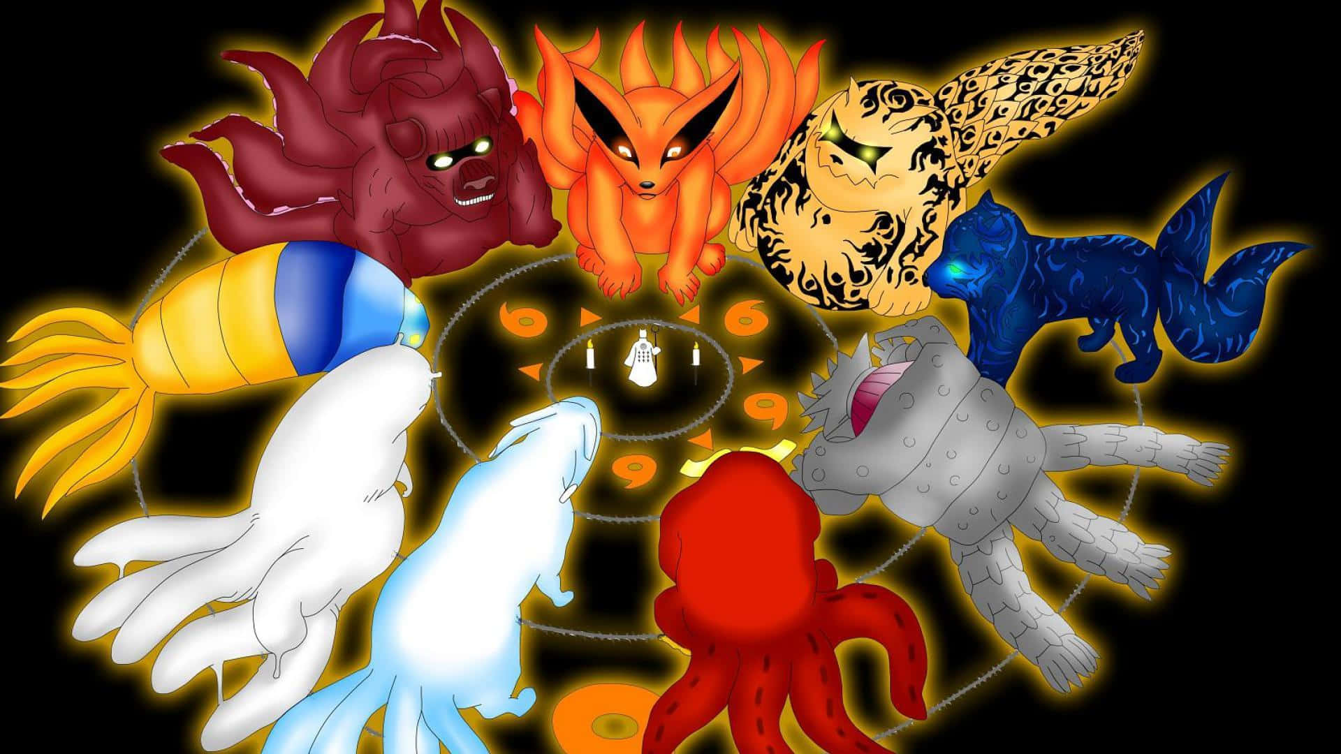 Tailed Beasts 桌布 壁紙 — 七隻強大的九尾狐，眼睛發光，色彩鮮豔，環繞著中央發光的封印，背景為黑色。