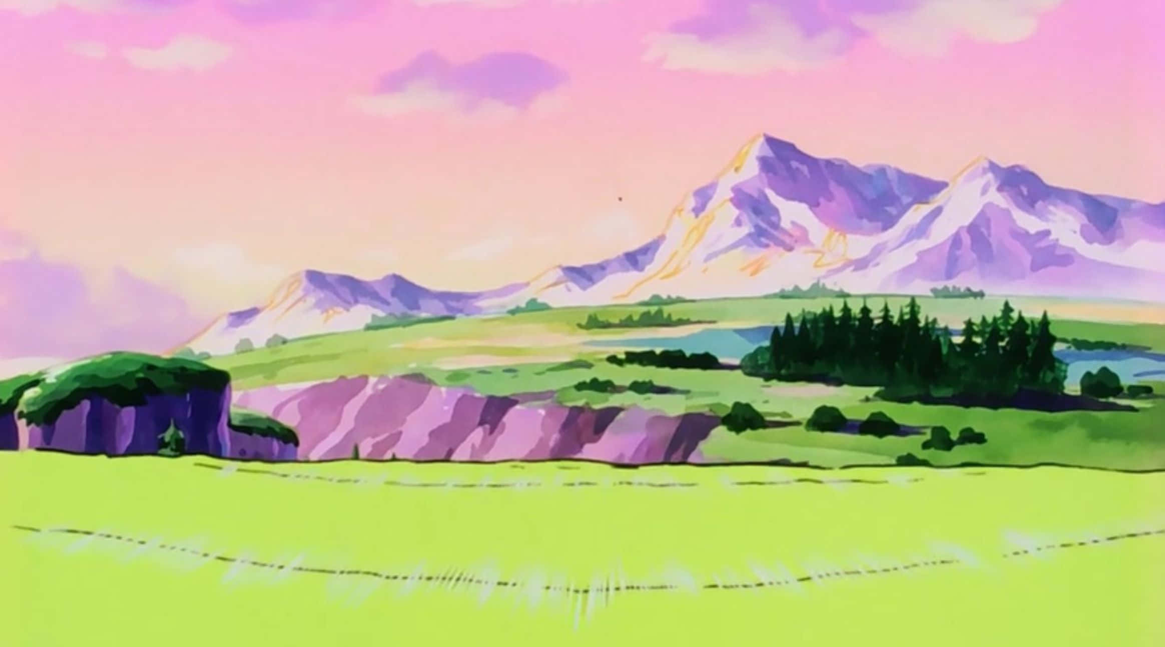 七龍珠：決定性戰鬥 壁紙 — 充滿活力的動畫風景，有起伏的綠色山丘、紫色懸崖和白雪覆蓋的山脈，在粉紅色的天空下。