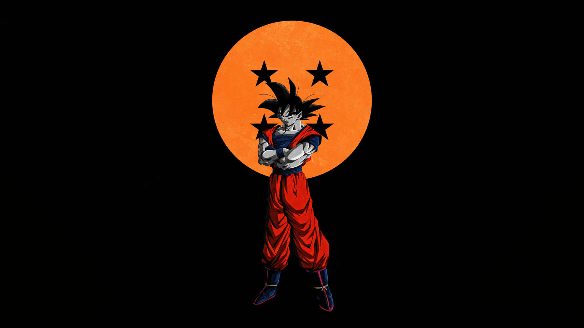 《七龍珠Z：探索新世界》 壁紙 — 動漫角色悟空自信地交叉雙臂，站在一個帶有三顆黑色星星的大型橙色月亮前。