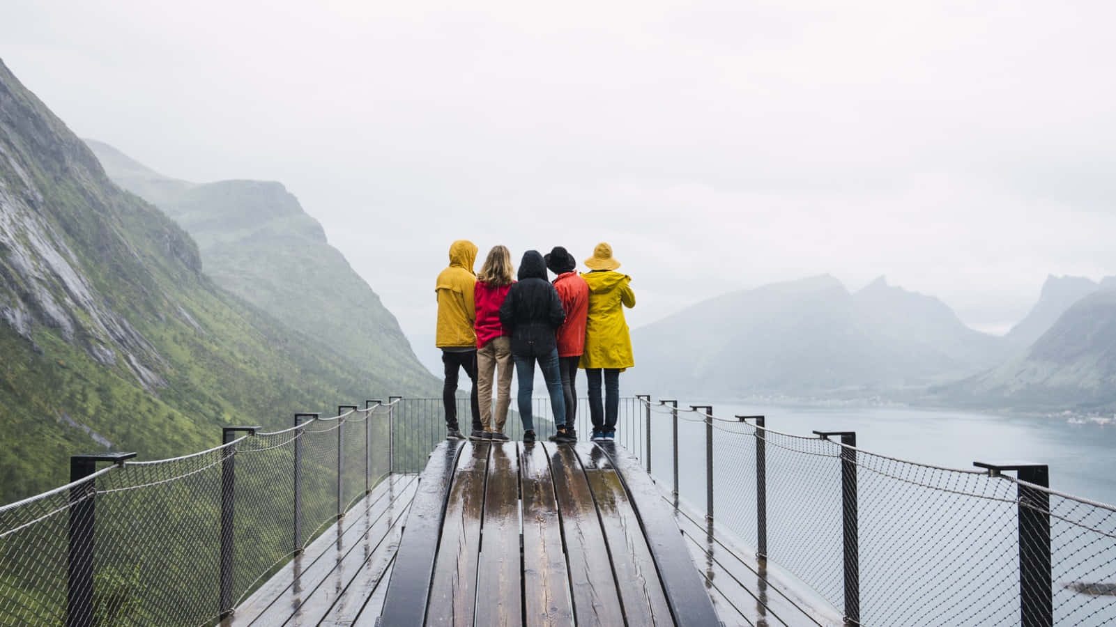 四個人穿著雨衣站在橋上，眺望峽灣和山脈。