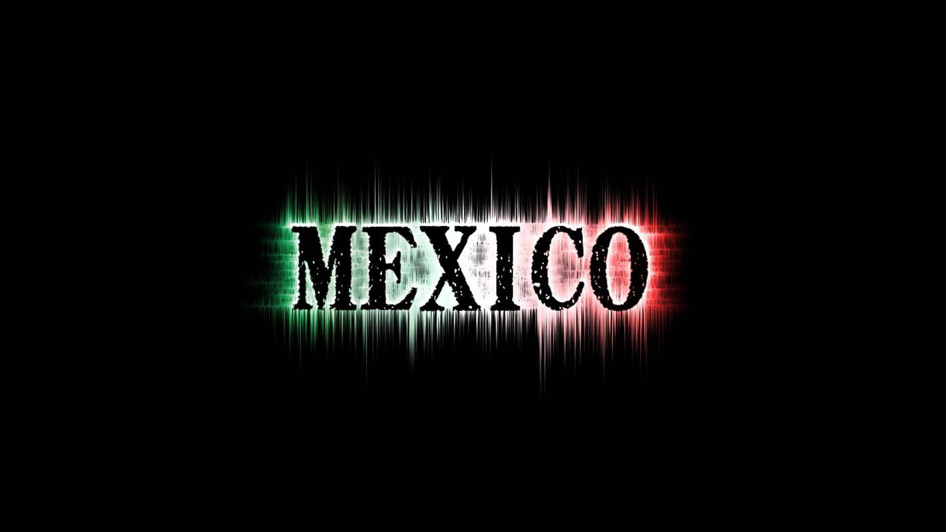 「Mexico」一詞在黑色背景上以綠色、白色和紅色的音頻波效果發光。