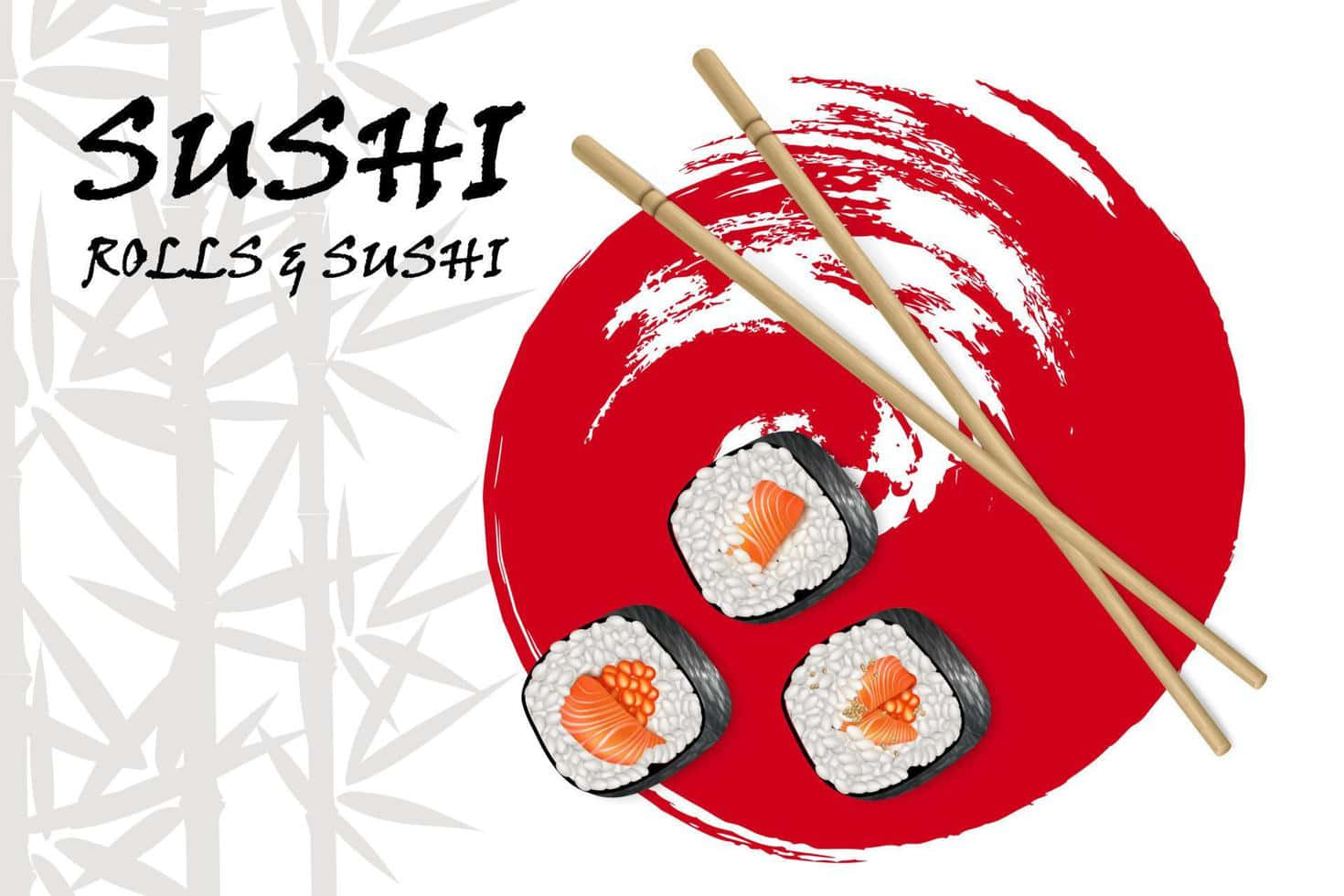 Sushi 桌布 壁紙 — 三件三文魚飛魚籽壽司卷放在一個大膽的紅色筆觸圓圈上，搭配交叉的筷子及竹背景。