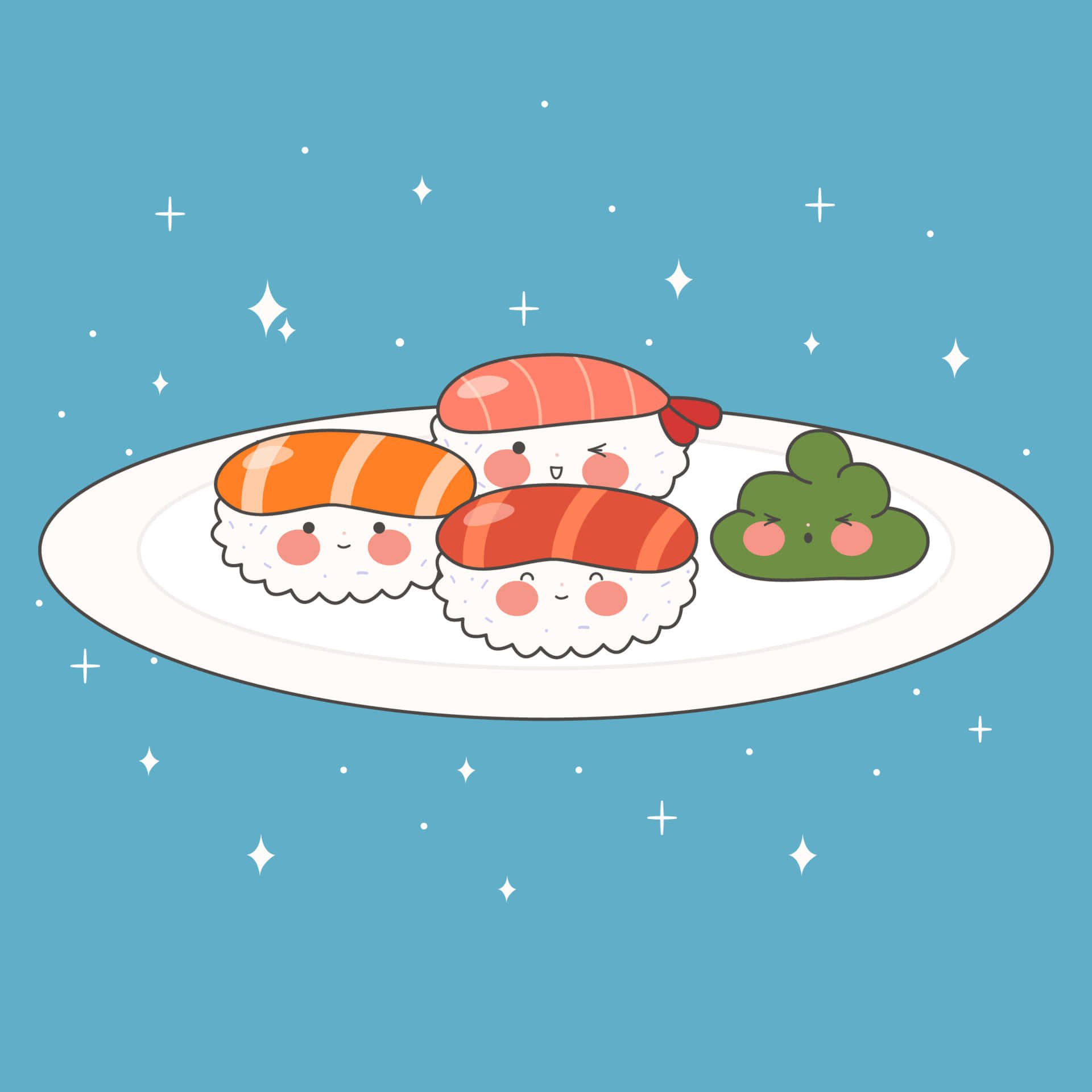 Kawaii Japanese Food 桌布 壁紙 — 三件微笑的壽司和芥末在碟上漂浮，背景是閃爍的藍色。