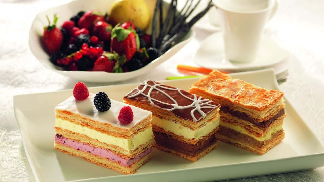 Pastry 桌布 壁紙 — 三件頹廢的層狀糕點，上面鋪滿新鮮莓果和朱古力醬，放在白色碟子上，旁邊有一碗雜莓和一杯茶。