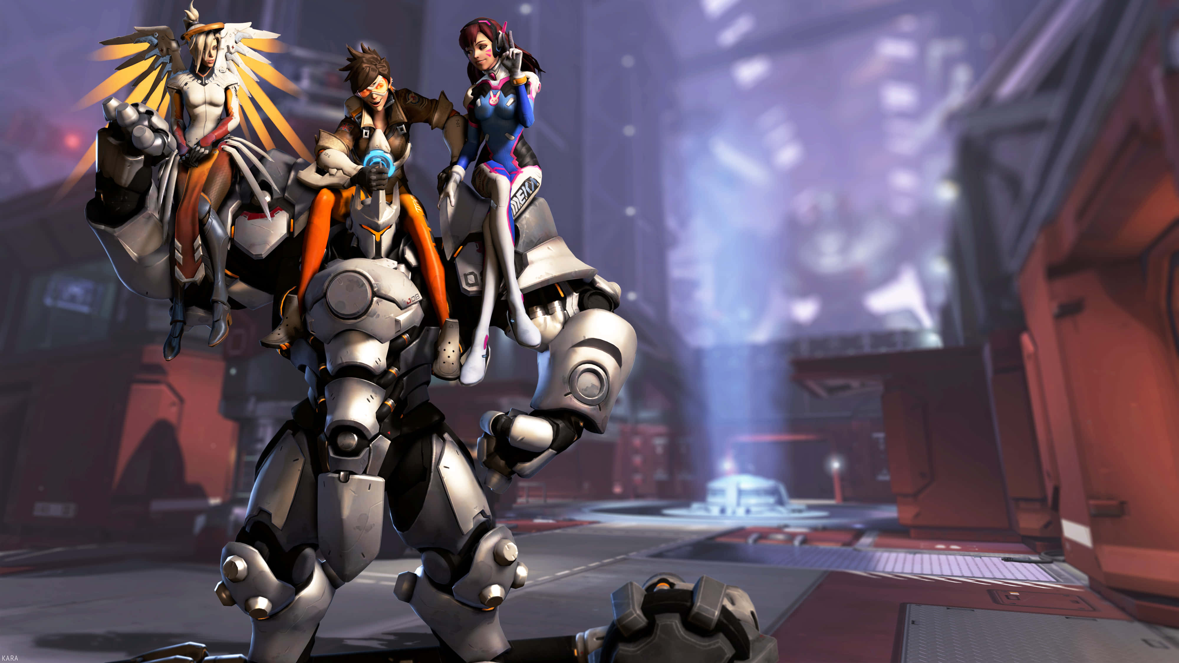 Overwatch Mercy 桌布 壁紙 — 三位《鬥陣特攻》英雄在夜晚騎著巨型機甲穿過霓虹燈閃爍的未來城市景觀。