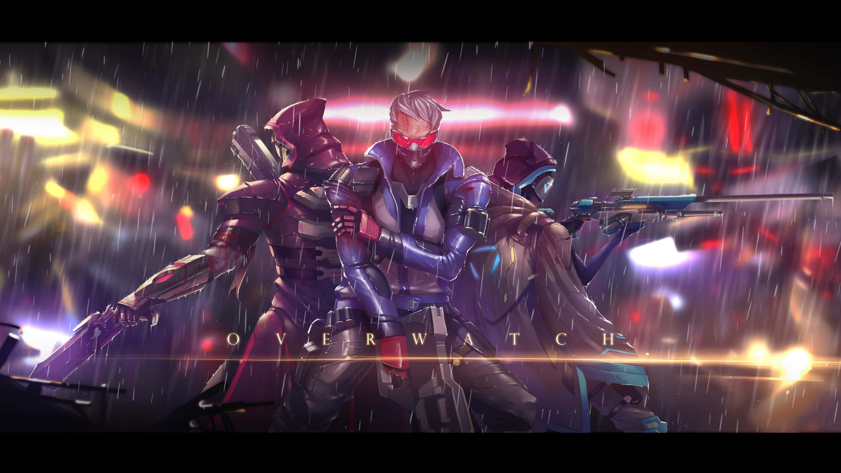 Soldier 76 桌布 壁紙 — 三位《鬥陣特攻》英雄站在被霓虹燈和發光武器效果照亮的雨中都市小巷。