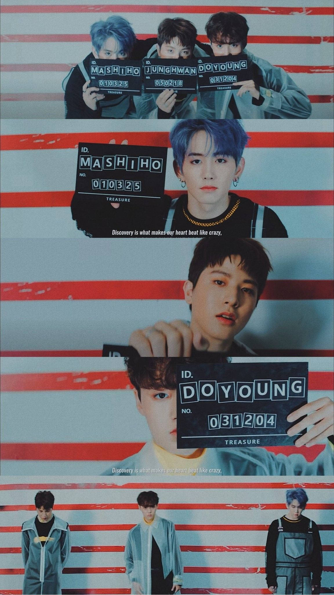 Treasure Mashiho Doyoung Junghwan 壁紙 — 三位K-pop偶像在鮮明的紅白條紋牆前，手持場記板，擺出風格化的宣傳照姿勢。
