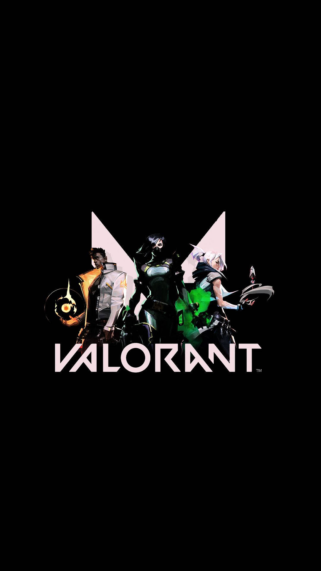 Logo 桌布 壁紙 — 三位Valorant特工以風格化姿勢站在黑色背景前，下方有遊戲標誌。
