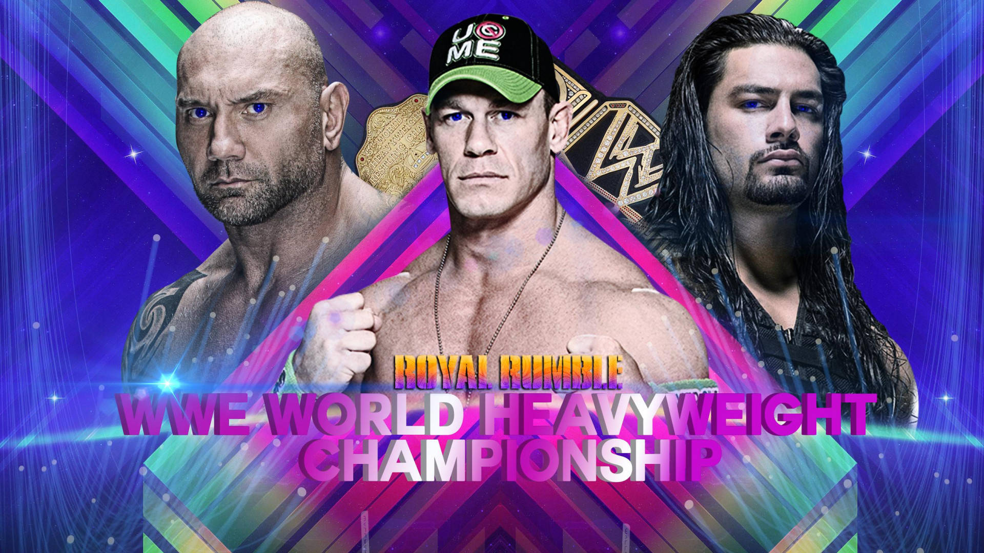三位WWE摔角手在帶有霓虹燈光的冠軍圖形中。