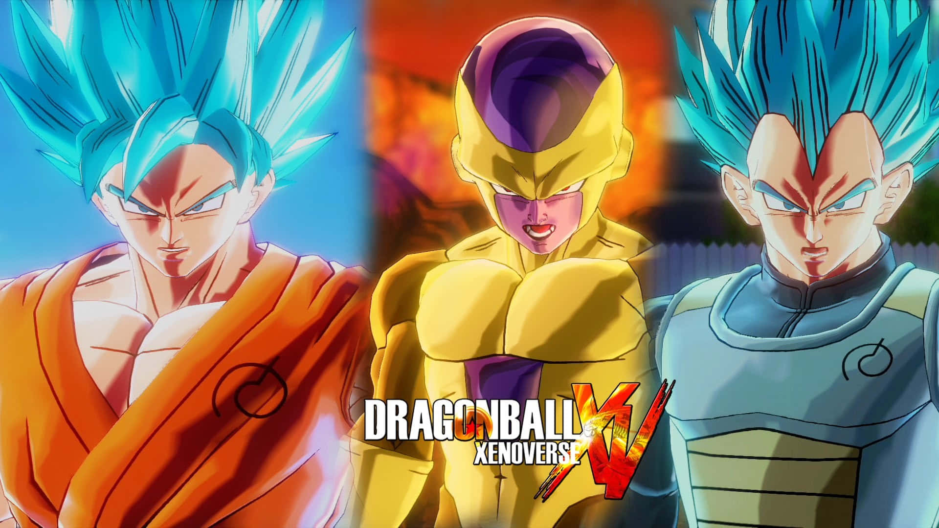 Vegeta And Frieza 桌布 壁紙 — 三位來自《龍珠超宇宙》的強大動畫戰士，在熾熱背景下擺出激烈的戰鬥姿勢。