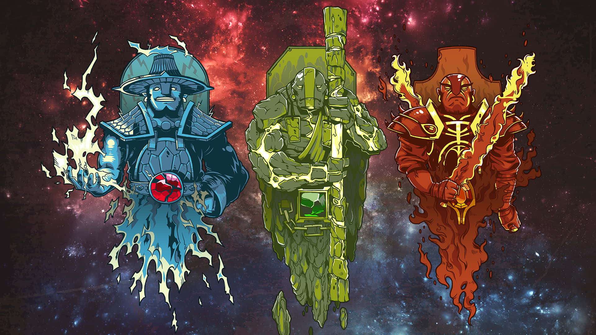 Dota 2 Heroes 桌布 壁紙 — 三位元素戰士——冰、火、土——站在宇宙空間中，各自以鮮豔的色彩散發力量。